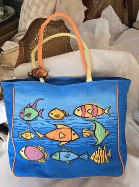 Used Once...Colourful Fish Print Blue Canvas Tote Bag by Crazy Bags